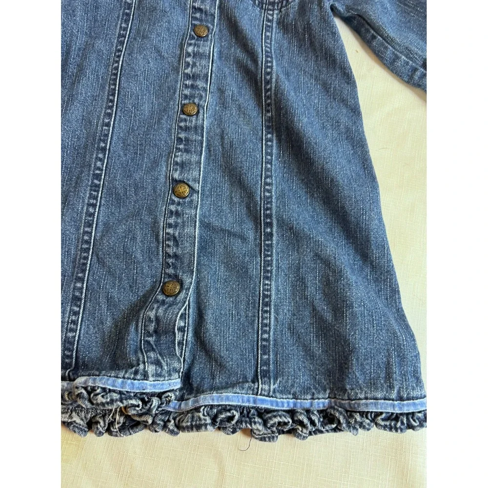 OshKosh Denim Dress 4 Blue Floral Embroidered Velvet Trim Ruffle Kids